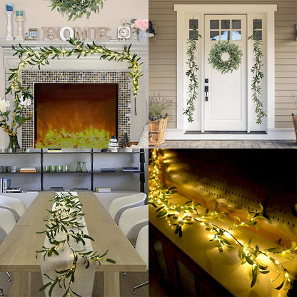 6.56FT Lighted Olive Garland with Lights 96 LED 8 Modes Battery Operated with Timer Artificial Greenery Vine Garland with Lights for Mantel Fireplace Table Wall Patio Wedding Holiday Spring Decoration