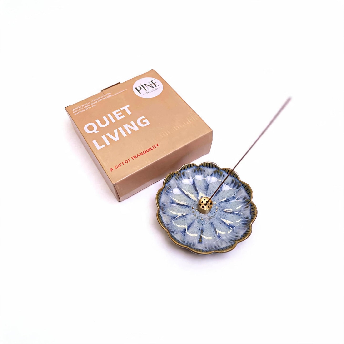 Pinehaven Lotus Incense Holder – 5.5 Inch Ceramic Tray with Ash Catcher, Blue, Solid Brass 9-Hole Insert – for Incense Sticks, Palo Santo, Sage & Cones – Zen Meditation Home Decor