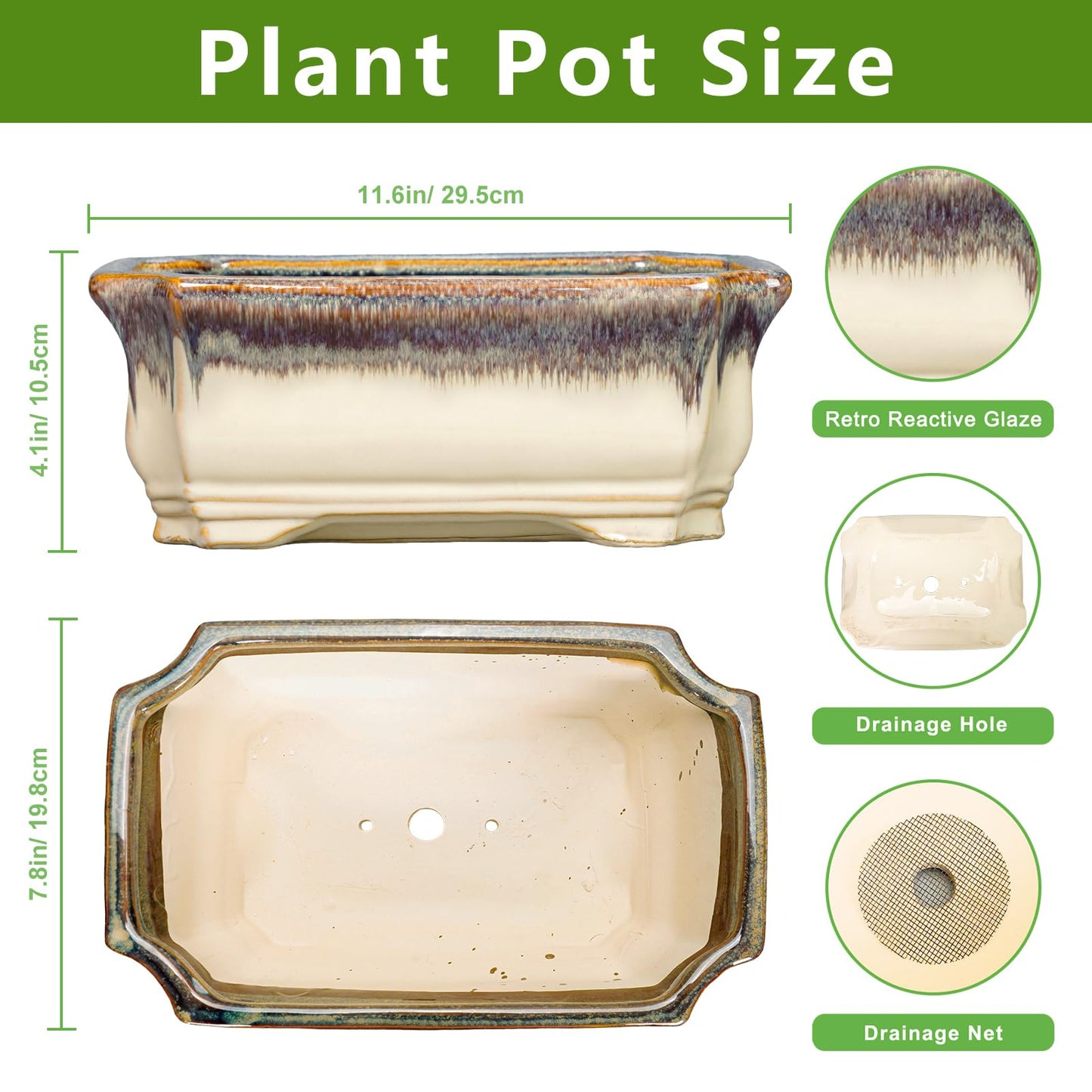 Teagas 11.6 Inch Succulent Pots - Ceramic Bonsai Tree Pots with Drainage Hole, Succulent Planters for Indoor Plants Outdoor, Bonsai Planter, Garden Decor, House Warming Gifts, Rectangular Beige-Brown