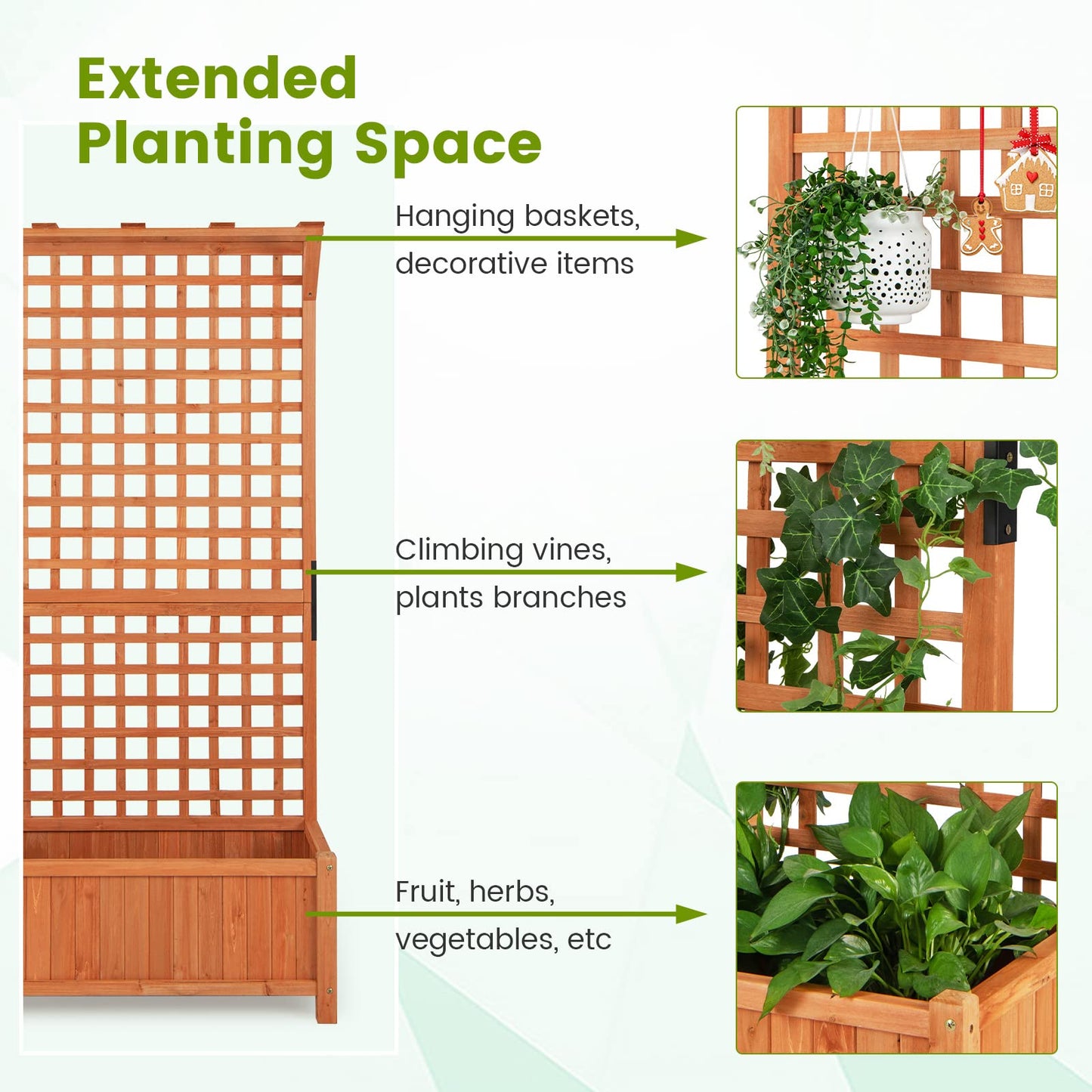 HAPPYGRILL Raised Garden Bed with Trellis, 72.5" Planter Raised Bed with Drainage Holes, Freestanding Garden Box for Vine Climbing Plants, Wooden Planter Box for Yard Balcony (1, Orange)