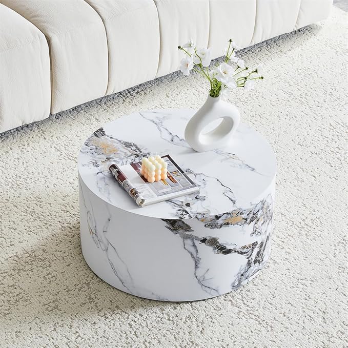 Round Coffee Table Living Room Table, Modern White Faux Marble Center Couch