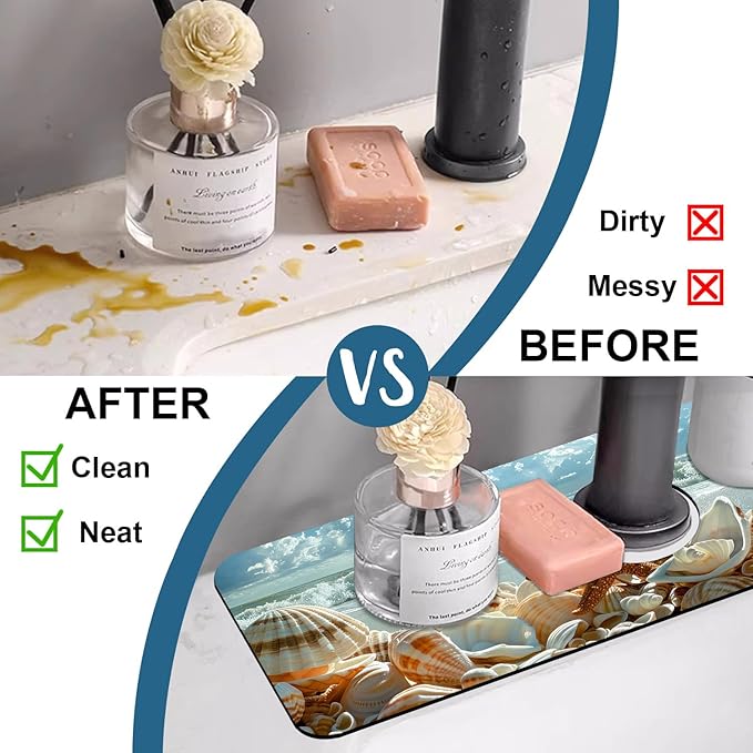 Beach Kitchen Sink Splash Guard Faucet Mat Shells Starfish Waves Super