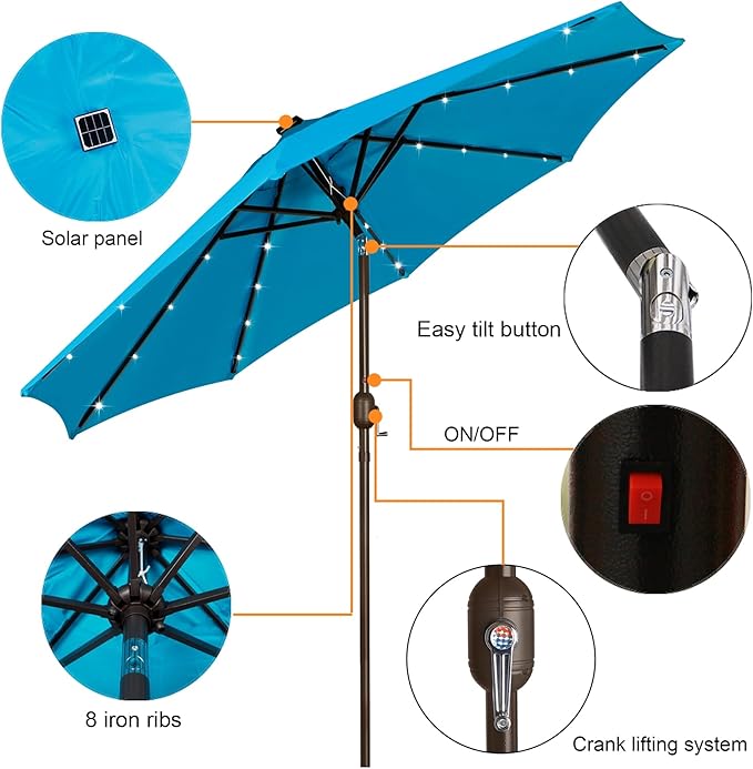 Blissun 9 ft Solar Umbrella, 32 LED Lighted Patio Umbrella, Table Market Umbrella, Outdoor Umbrella for Garden, Deck, Backyard, Pool and Beach (Light Blue)