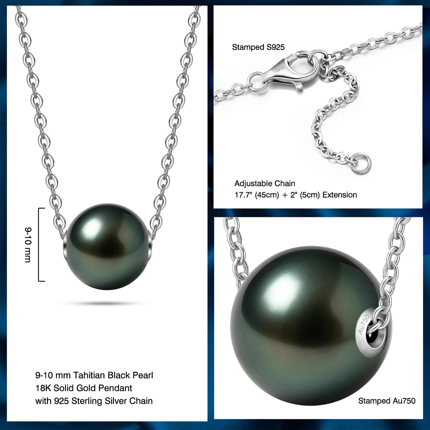 18K Solid White Gold Tahitian Black Pearl Necklace with Sterling Silver Chain, AAAAA 9-10mm Seawater Pearls - Christmas Gift for Wife Mom, Unique Women Jewelry for Wedding Anniversary Birthday