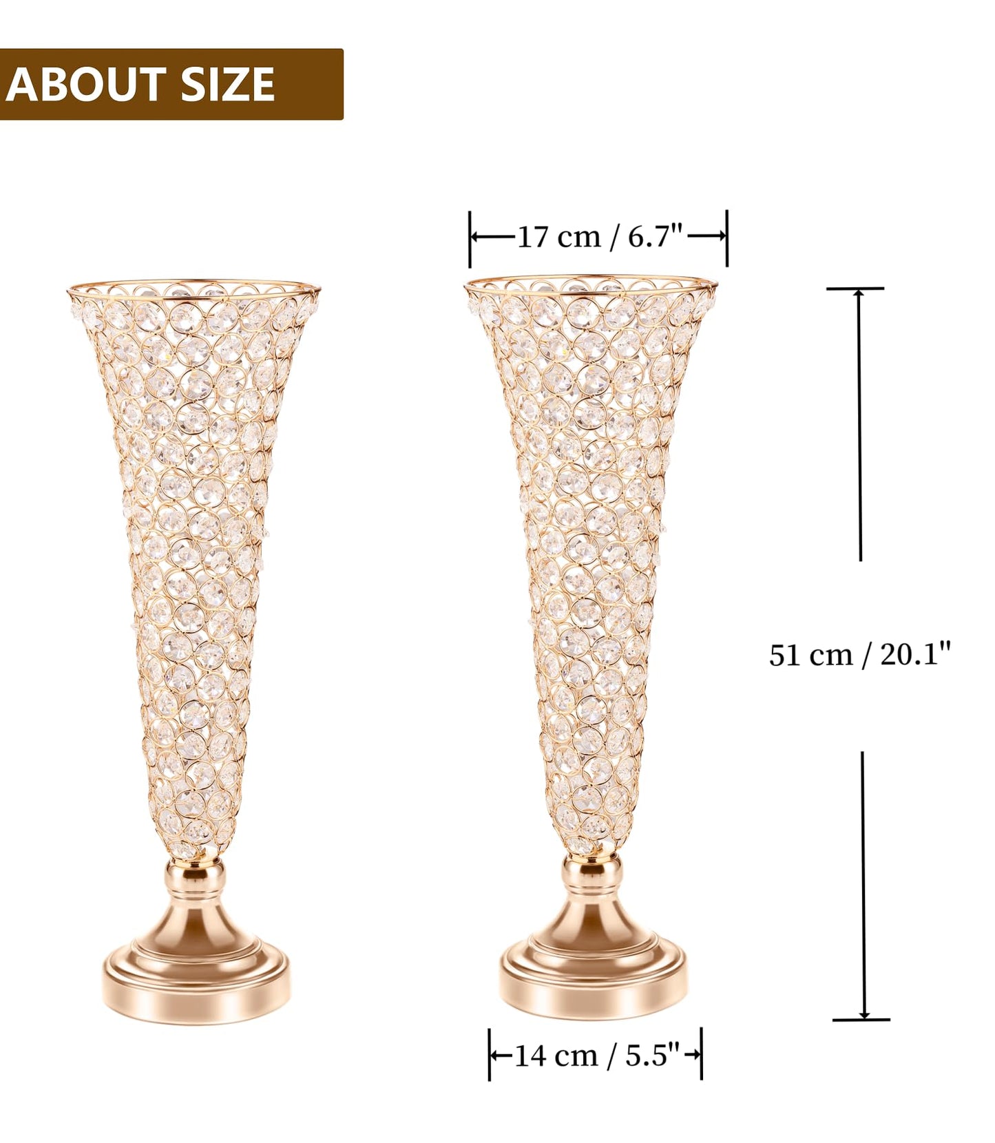 20in Vases for Flowers - Crystal Trumpet Floral Vase, 2Pcs Crystal Vases for Table Centerpieces, Flower Stand for Wedding Party Anniversary Birthday Home Decoration