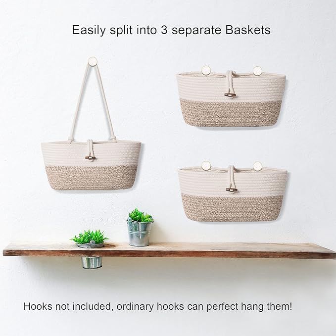 Over the Door Basket Cotton Rope Organizer, 3-Tier Wall Hanging Storage Basket