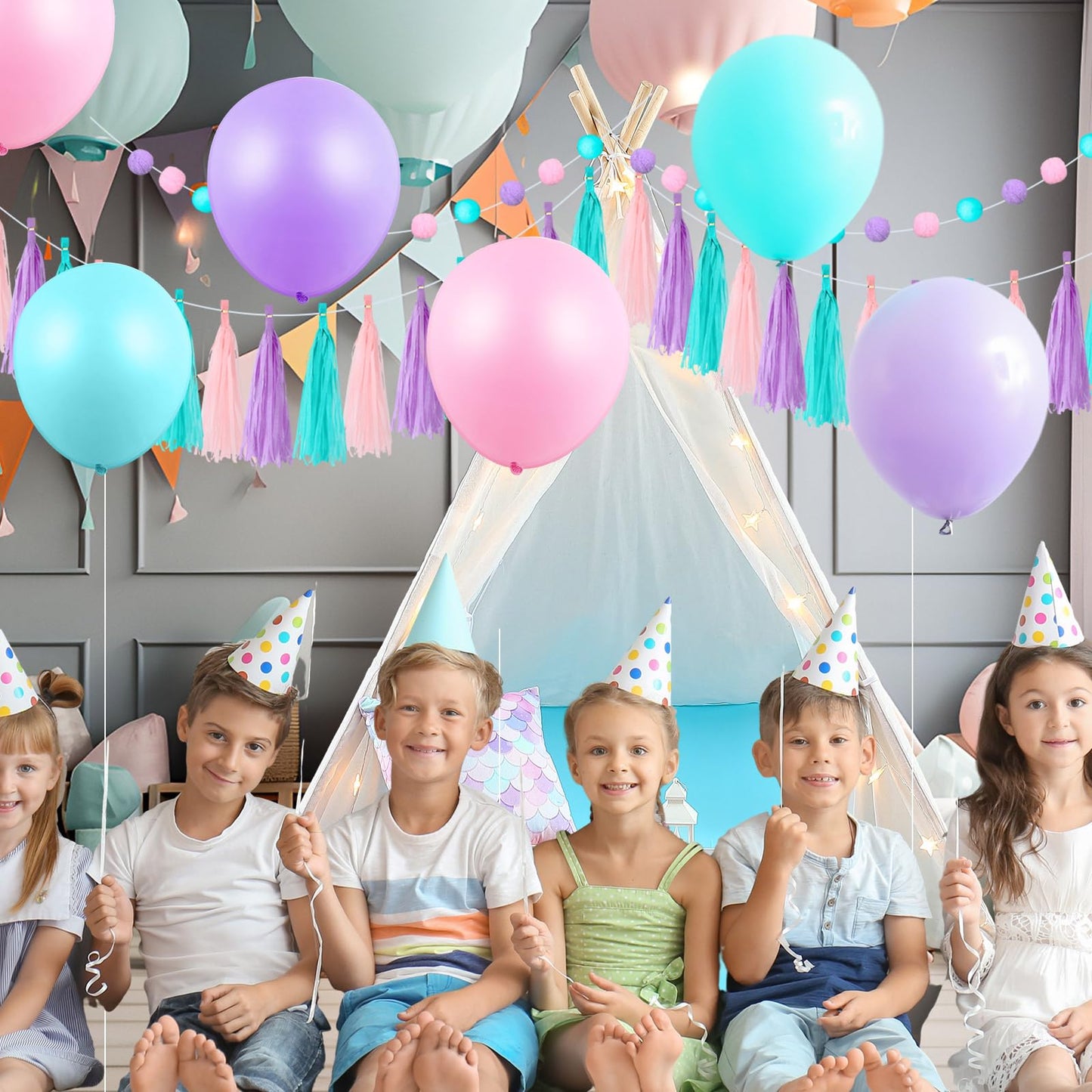 Windyun 4 Pack Mermaid Teepee Tent for Kids with Inflatable Airbed, String Light Fitted Sheet Mermaid Pillow Washable Toddler Indoor Play Tent for Girls Boys Sleepover Slumber Party
