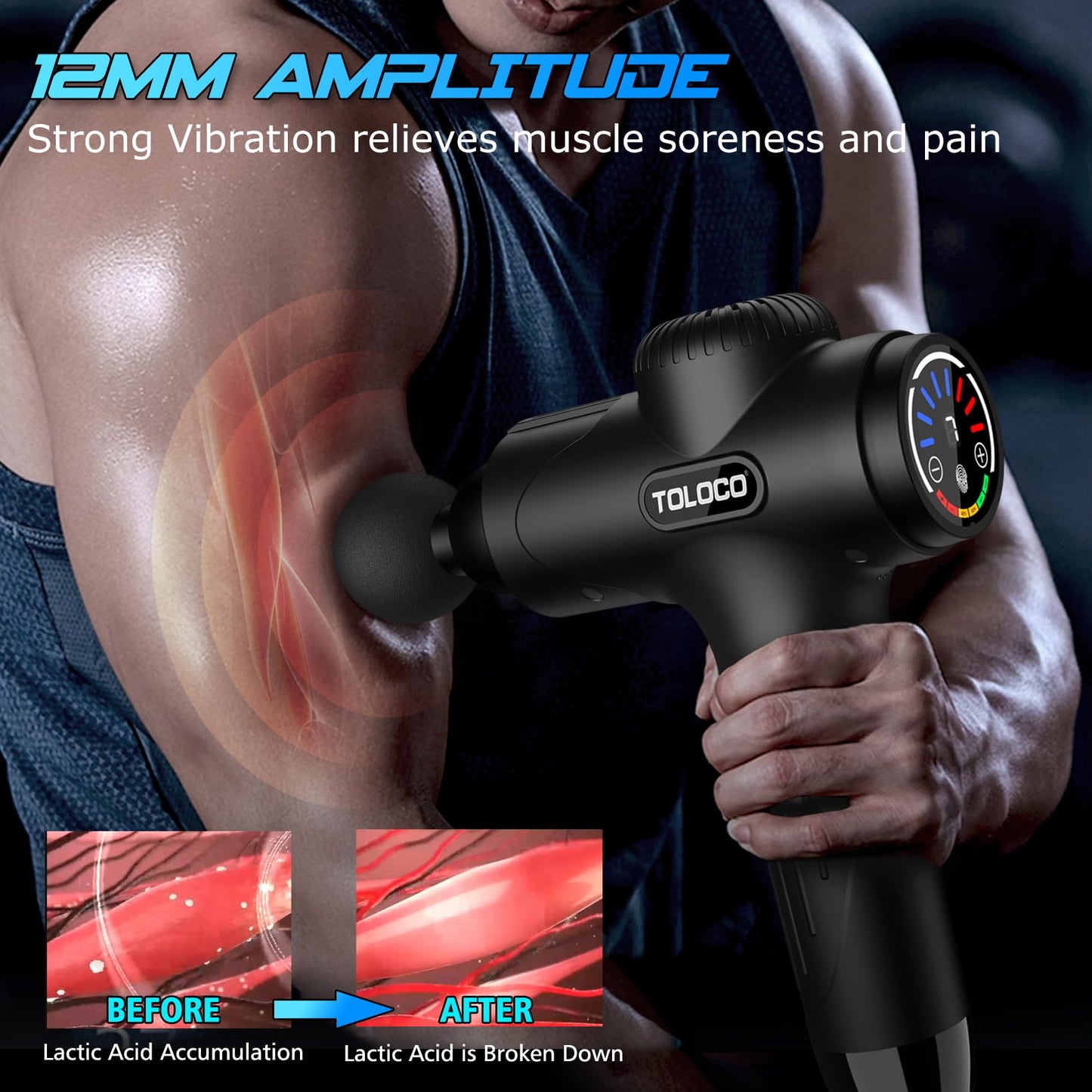 TOLOCO Massage Gun Deep Tissue, Percussion Massage Gun with 10 Replacement Heads, Super Quiet Portable Electric Massager for Athletes, Relax, Black