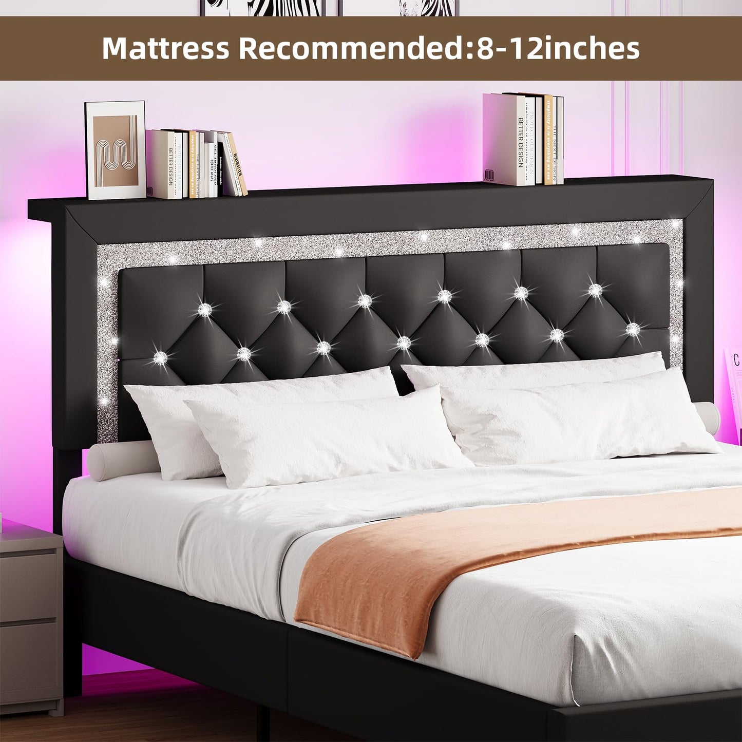 BarnFurin Full Size Bed Frame with Storage Headboard, Full Size Bed Frame with Headboard Diamond Tufted and LED Lights, Wooden Slats Support, Noise Free, No Box Spring Needed, Easy Assembly, Black