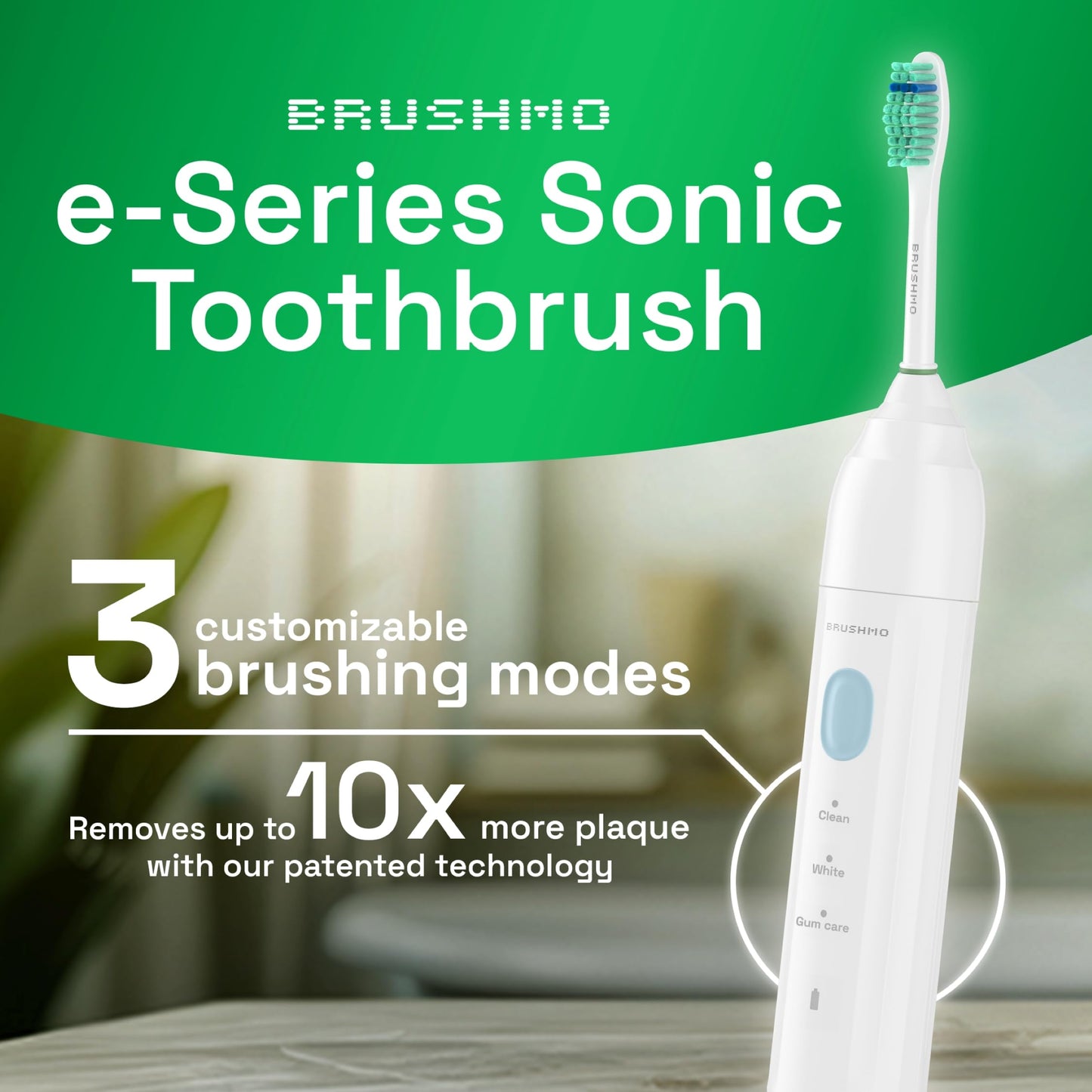 Brushmo e-Series Electric Sonic Toothbrush - Rechargeable Screw-On Electronic Tooth Brush for Adults with 3 Modes & Timer - IPX7 Waterproof, Long-Lasting Battery & Wireless Charging Base - White