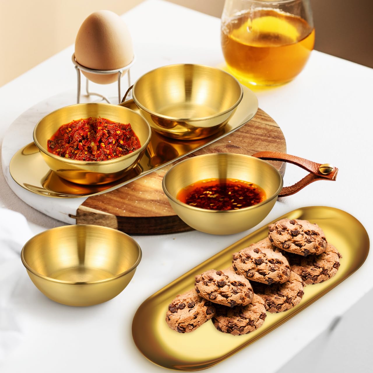 AUTSUPPL Gold Stainless Steel Sauce Bowl Tray Set with 6 Small Dipping Bowls and 2 Decorative Oval Trays for Sushi Seasoning and Home Dining