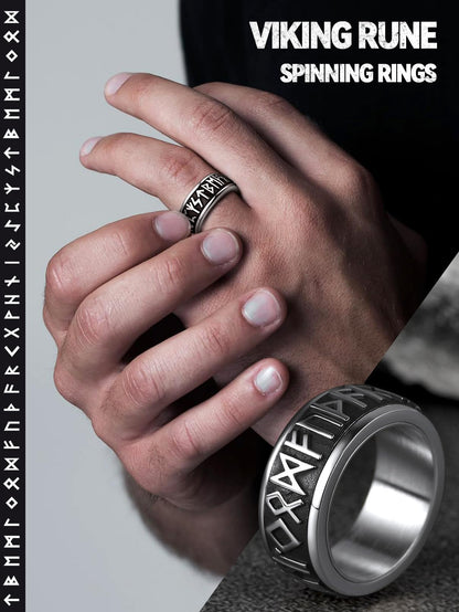 FaithHeart Viking Rings Men Stainless Steel Fidget Ring Spinning Jewellery Norse Runes Band Cool Boys Ring Size O