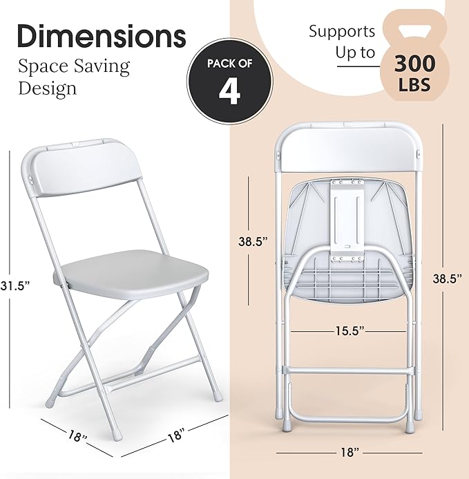 4 PACK White Foldable Plastic Chair | Folding & Stackable | 350 lbs Capacity Steel Frame Seats for Indoor Outdoor | Commercial Use Events Wedding Party Events Bulk Picnic Kitchen Dining