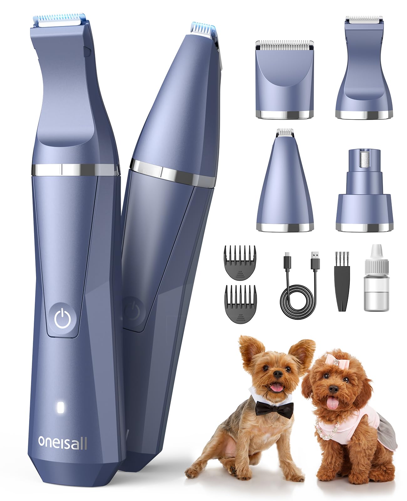 oneisall Dog Clippers Grooming Kit 4 in 1, Low Noise Dog Paw Trimmer&Dog Nail Grinder,IPX7 Waterproof Cordless Pet Trimmer Shaver for Small Dogs and Cats