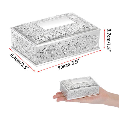 Hipiwe Rectangular Silver Jewelry Box Small Trinket Storage Box Deluxe Treasure Chest Case Earring Ring Necklace Organizer Decorative Keepsake Box Christmas Gift for Women
