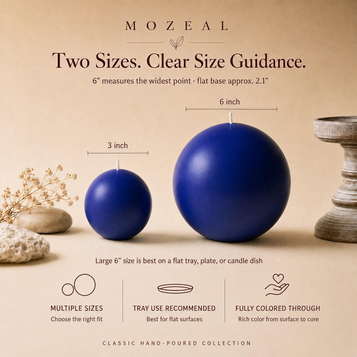 MOZEAL Hand-Poured, 3 Inch Royal Blue Round Ball Candles - Elegant Royal Blue Round Pillar Candles Set of 3, Dripless, Unscented, Smokeless, Ideal for Formal Events.