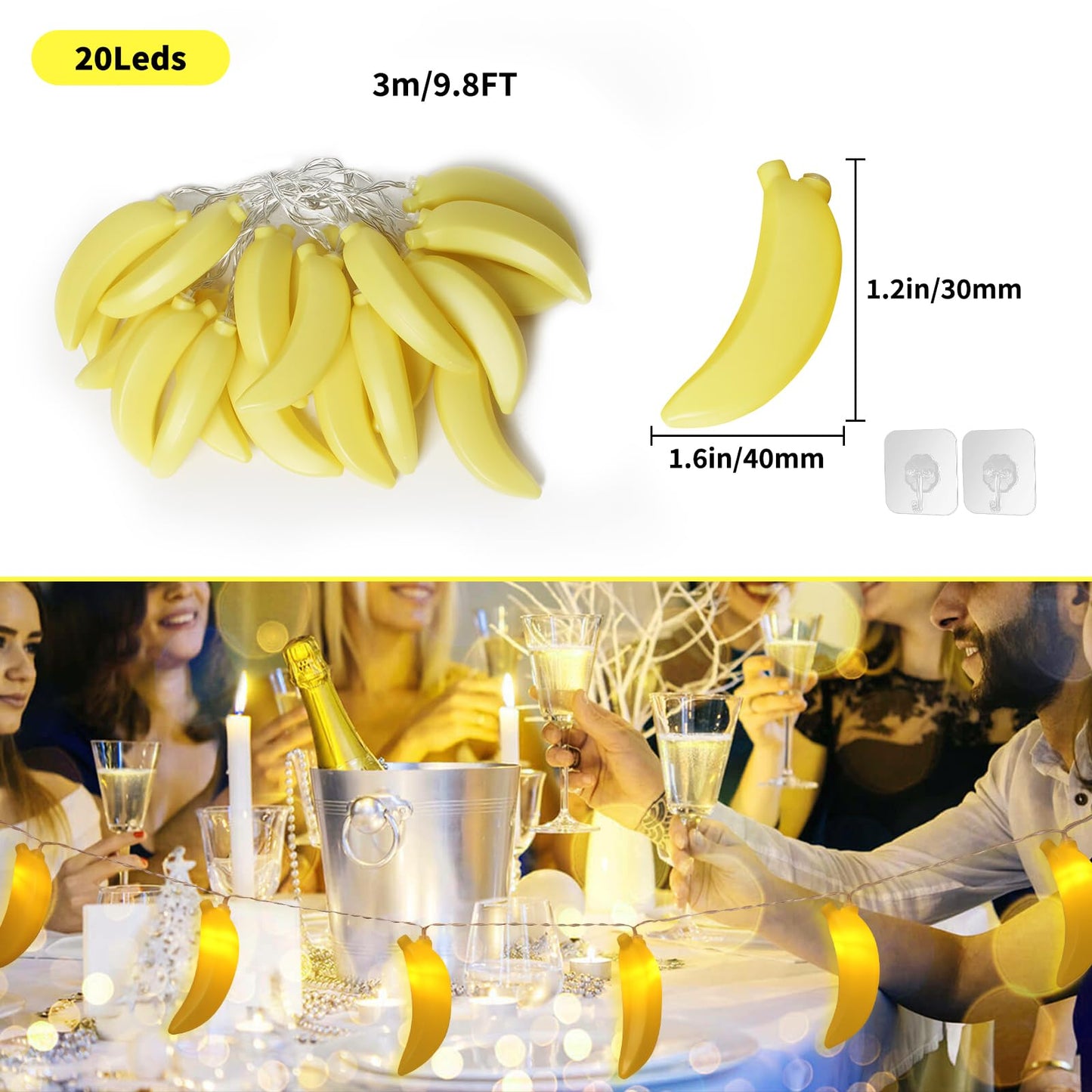 SDOUBLEM 3M 20LED Fruit Banana String Lights Battery Powered Indoor Outdoor Lighting Lamp for Wedding Home Birthday Garden Yard Patio Party Decorations