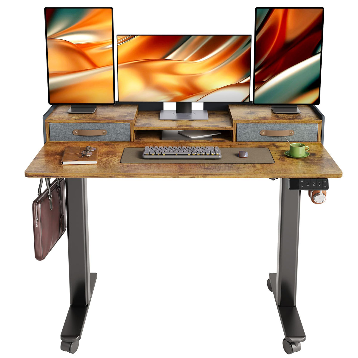 YDN Rustic Brown 2-Tier Adjustable Electric Standing Desk, 48 inch, Modern Design with 2 Drawers, Felt Fence, Hook, for Office