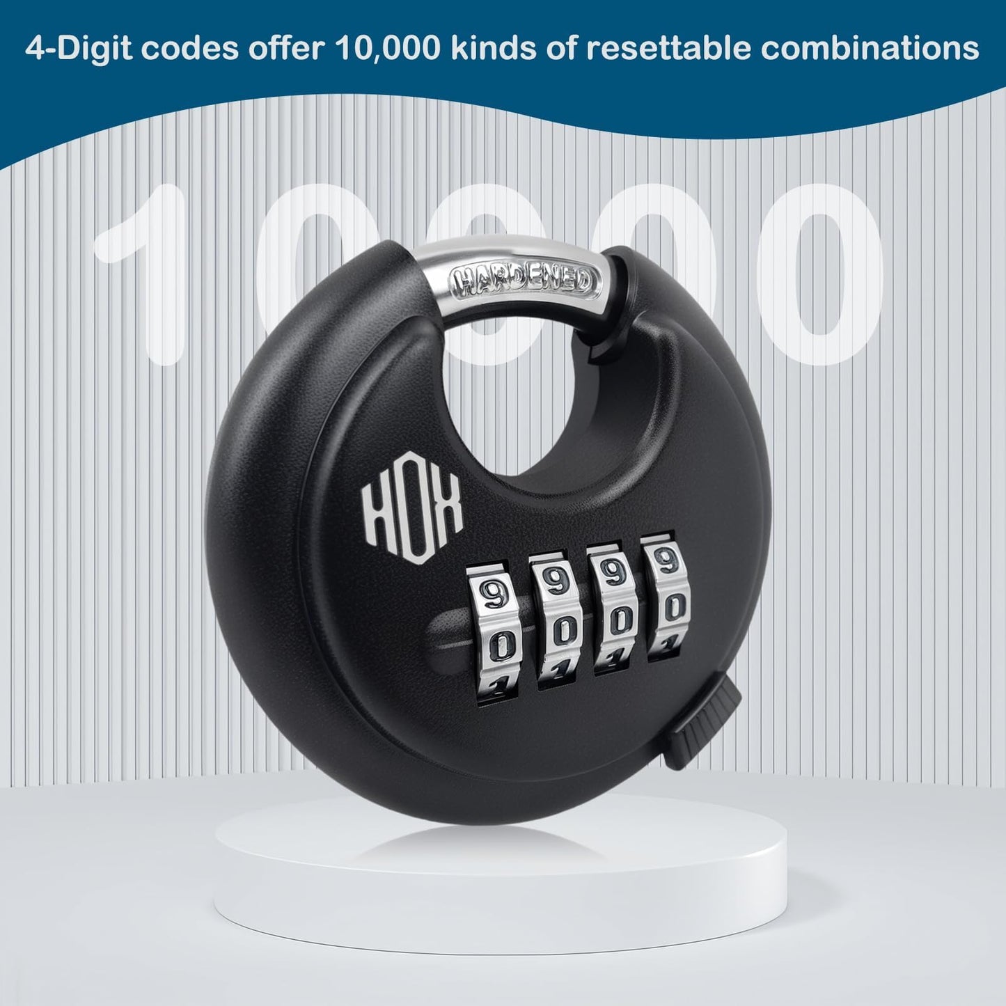 HOX Combination Lock, 4 Digit Disc Padlock with 3/8 Inch Hardened Steel Shackle, 2-3/4 Inch Zinc Alloy Wide Body, Keyless Heavy Duty Combo Lock for Hasp Latch, Sheds, Fences, Storage Locker (4 Pack)