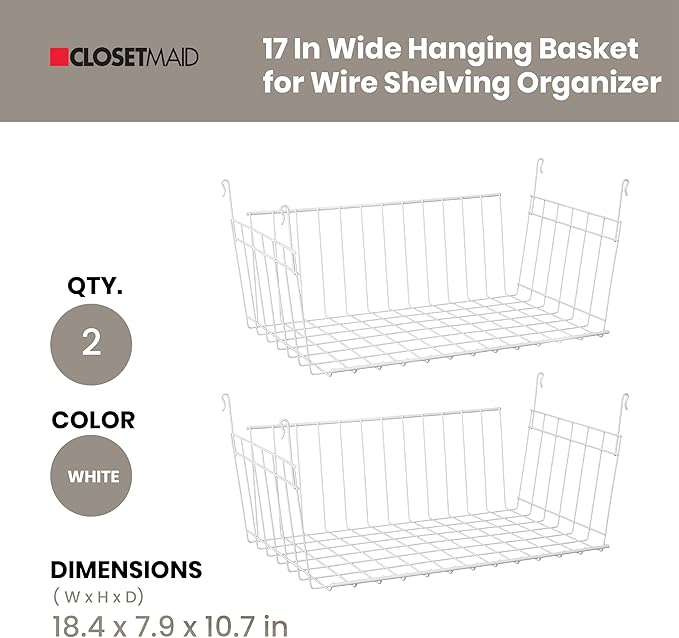 ClosetMaid 17 Inch Wide Hanging Basket Wire Shelving Accessory