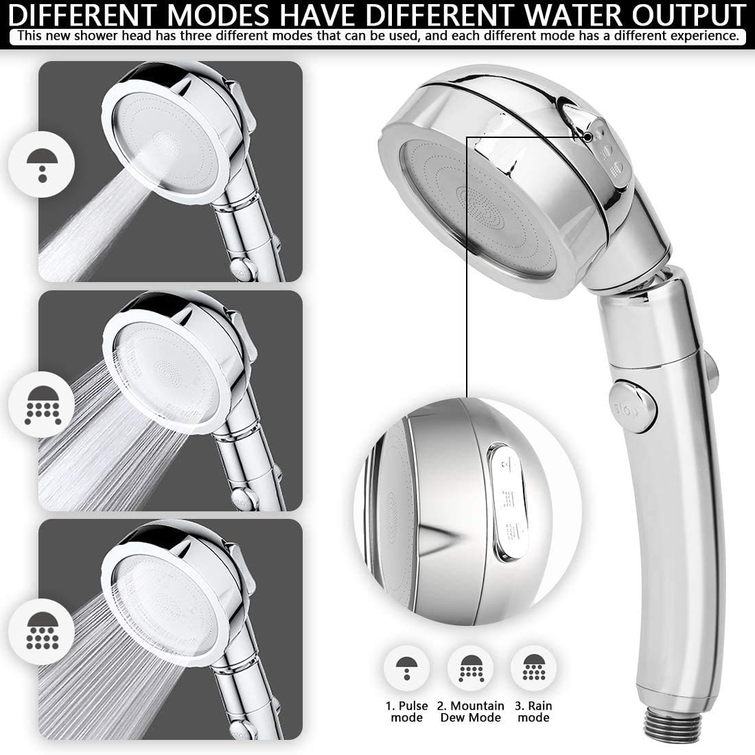 GENMAIGOU Modern 3-Setting Detachable Shower Head with 59-Inch Hose, High Pressure Water Saving, 360 Rotating Adjustable Handheld Shower Head with ON/OFF Switch and 3 Spray Modes, Chrome Finish
