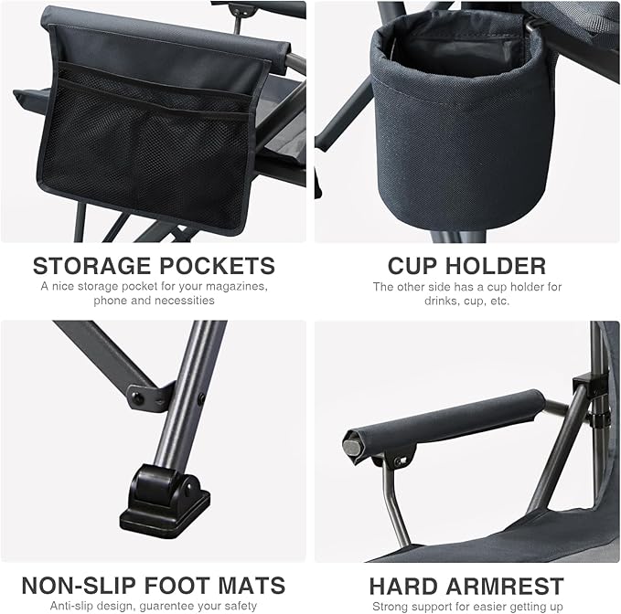 EVER ADVANCED Oversized Folding Camping Chair for Adults, Heavy Duty Lawn Chair with Side Pockets, Portable Collapsible Quad Chair for Outside, Support Up to 500lbs, Grey 2PACK