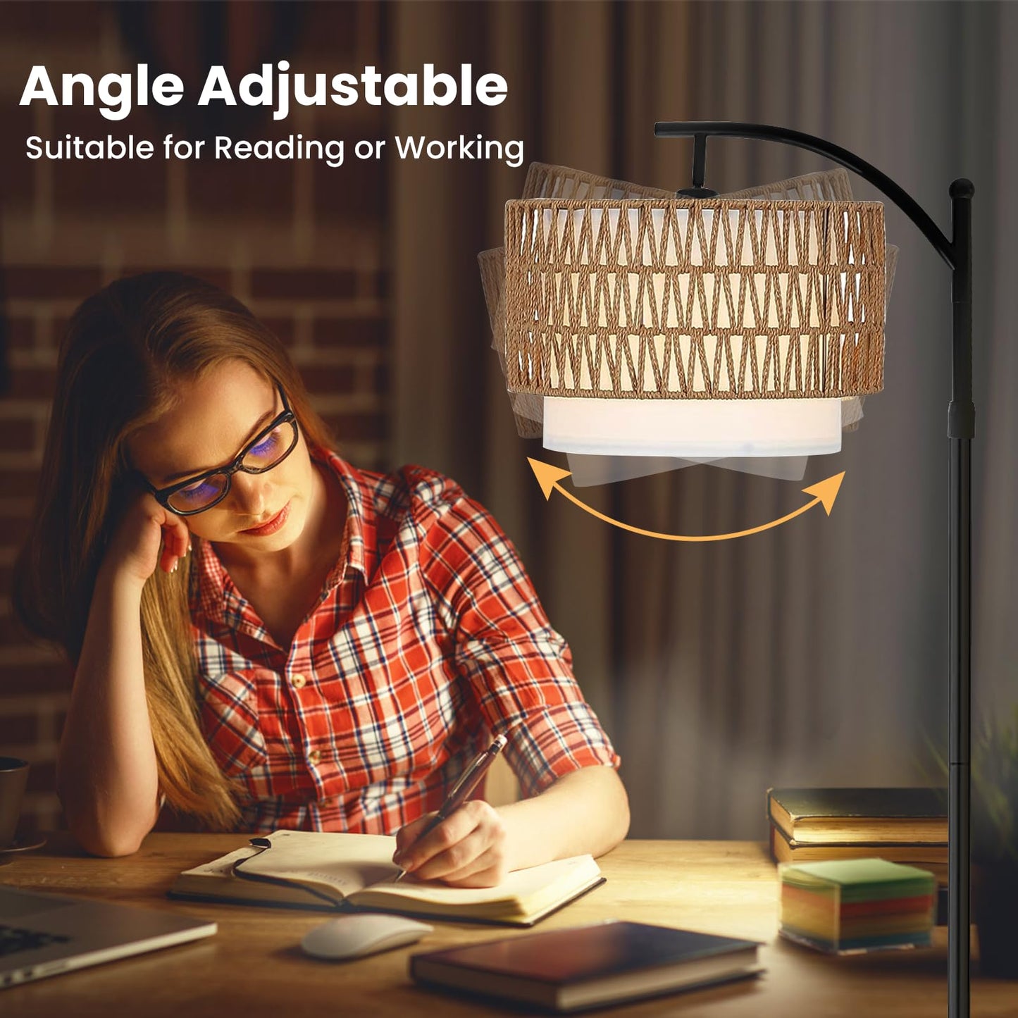 Yusist Arc Floor Lamp for Living Room,Farmhouse Floor Lamps with Remote Control & Dimmable Bulb,Rattan Boho Tall Standing Lamp for Bedroom Office