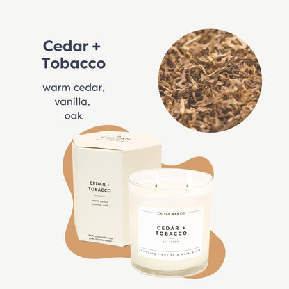 Calyan Wax Co. Cedar & Tobacco 2 Wick Scented Candle - 37 Hour Burn - Luxury Clean Soy Wax Candles - Long Lasting Large Glass Jar Candle for Home - 8.8oz