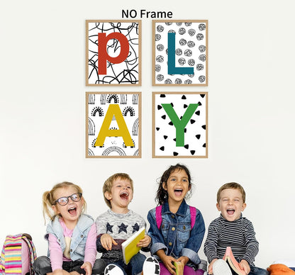 XUCVSPANTING Playroom Sign Nursery Wall Prints Boho Play Room Sign Canvas Posters for Nursery Bedroom Kids Room Decor Reading Corner Decorations,Set of 4(8"x10"inch,Unframed).