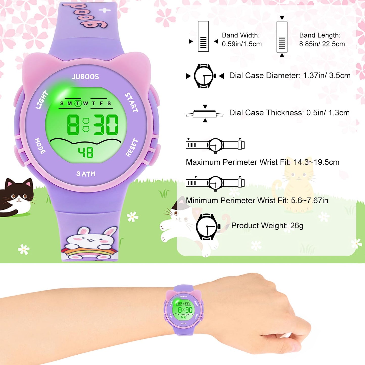 Juboos Kids Digital Watch,Watches for Girls Boys,Children's Waterproof Wrist Watches with Print and Colourful Lights,Toddler Watch with Cat Ears for Boys Girls (Orchid)