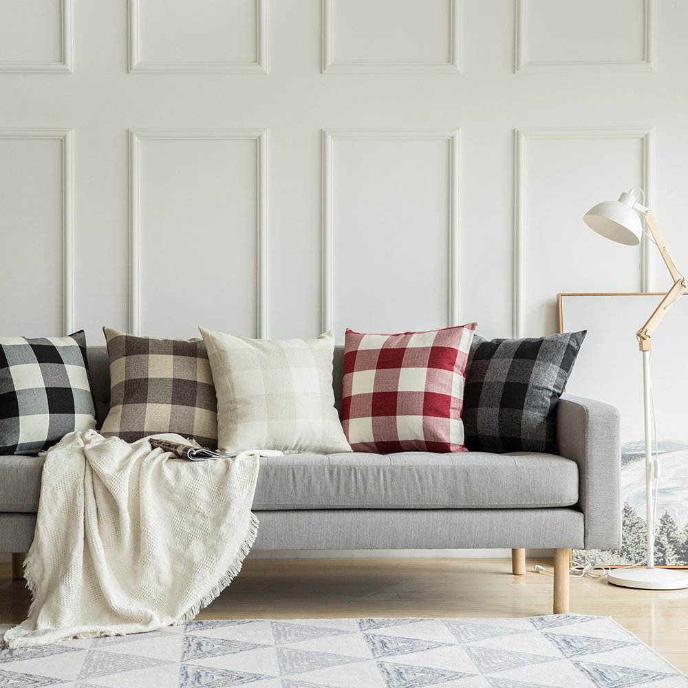 MIULEE Pack of 2 Christmas Classic Farmhouse Buffalo Check Plaids Linen Soft Soild Decorative Square Porch Throw Pillow Covers Home Decor Cushion Case for Sofa Bedroom 18x18 Inch, White and Red