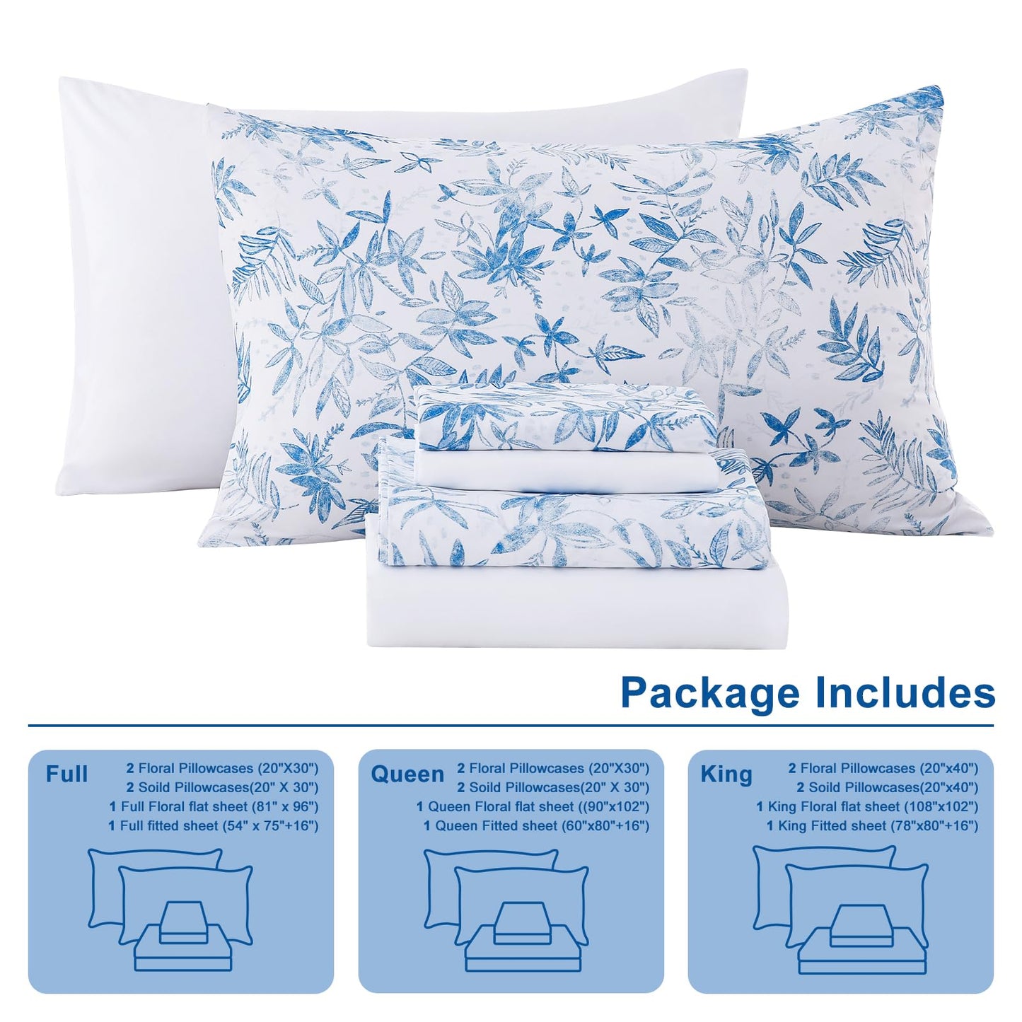 Swiftify Botanical Queen Bed Sheets Set 6-Piece, Boho Floral Brushed Microfiber Sheets, Cooling Bed Sheet Set, Soft & Breathable, 16' Deep Pocket Fitted Sheet & Pillowcase Set, Blue Fern Whisper