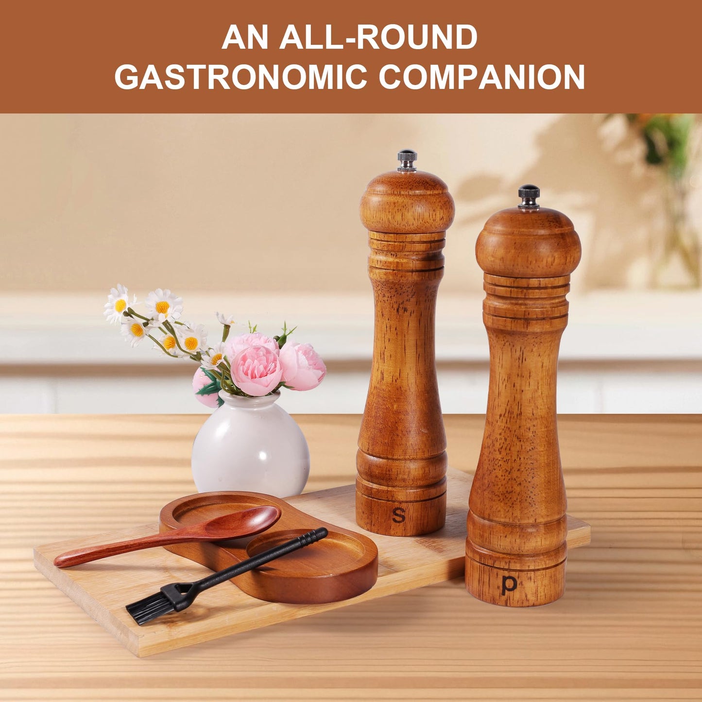 DEBETOOL Wooden Salt and Pepper Grinder Set with Stand - 8-inch Oak Wood Salt Mill Pepper Grinder Set, Adjustable Ceramic Core, 2 Pepper Mills + Wooden Spoon & Cleaning Brush (Kitchen Essential)