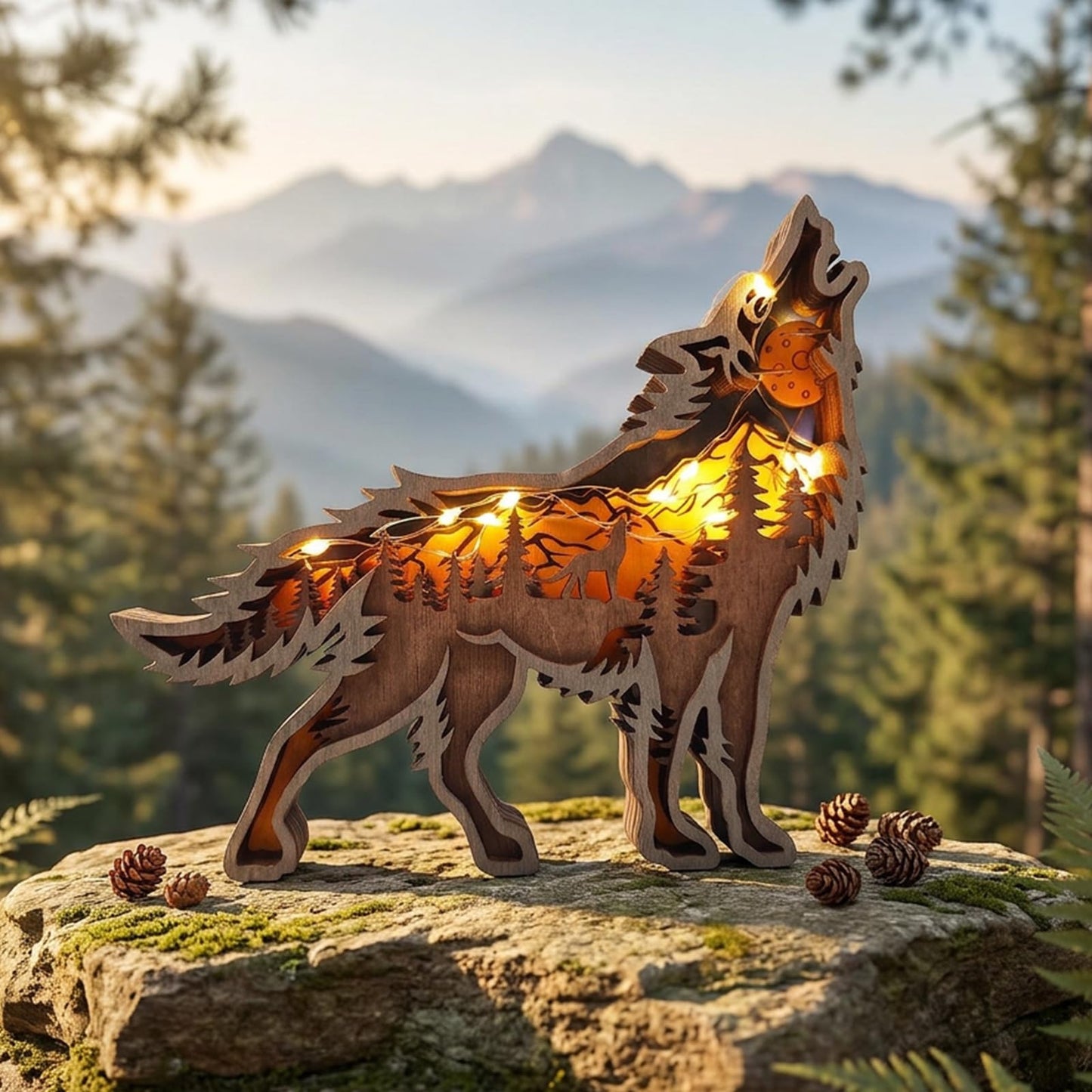 Drawelry 3D Wood Carving Animals Lamp Home Decorative, Cute Bear Family Elephant Presents Ideas Christmas Living Room Office Decor Warm LED Night Lights Gift for Friend Daughter Son Mom Dad (Wolf)