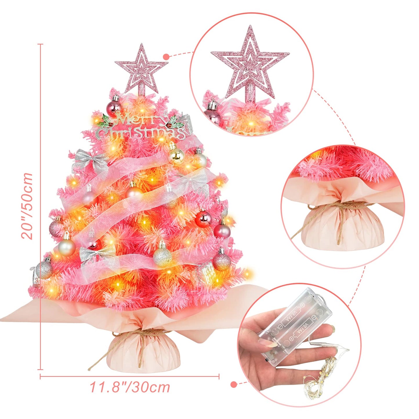 20" Mini Pink Christmas Tree, Artificial Small Christmas Tree with Lights, Tabletop Christmas Tree with Star Treetop,Bow Boxes and Ball Ornaments for DIY Christmas Decoration (Pink)