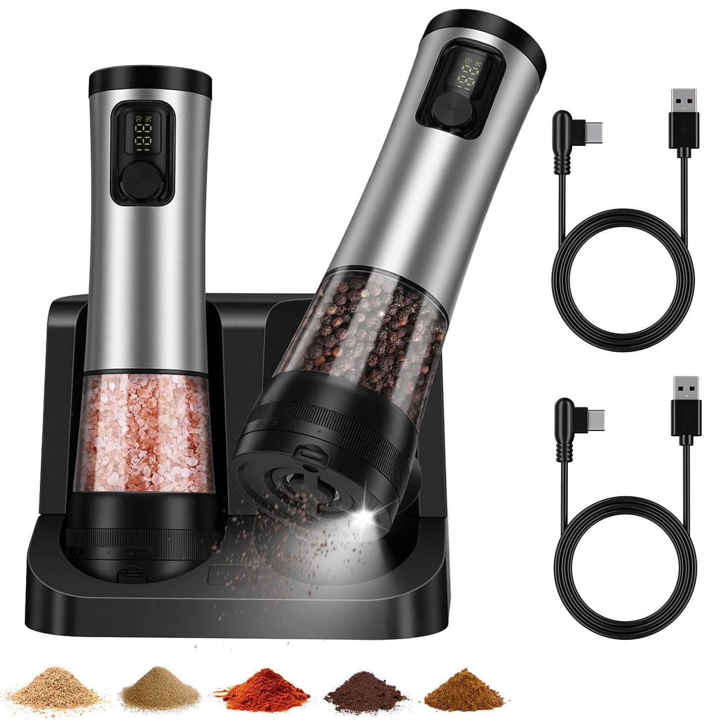 Rechargeable Electric Salt and Pepper Grinder Set with LED Light, 5-Level Adjustable Coarseness, 2-Speed Automatic Mills, 2 x 100ml Large Capacity, Black