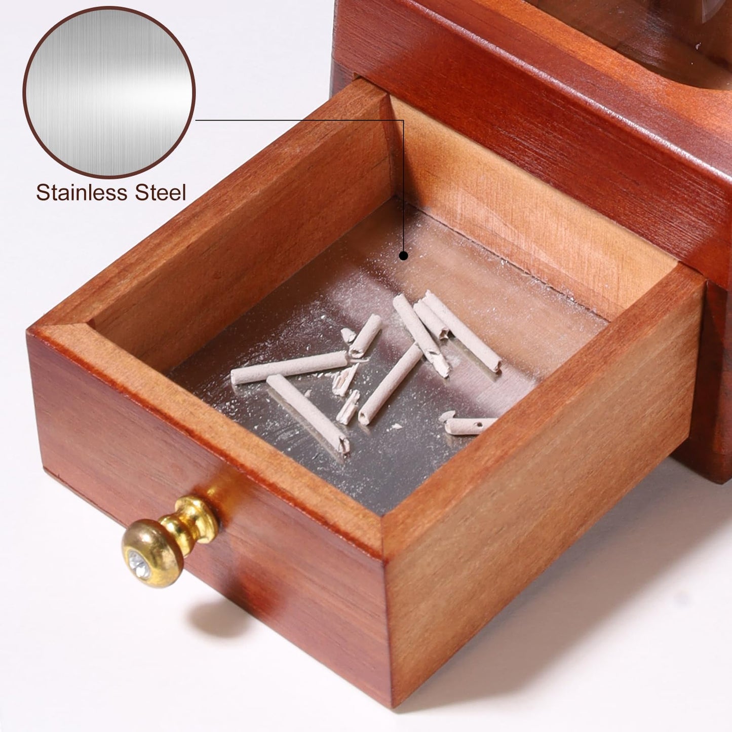 LIGOFLORA Brown Wooden Incense Holder with Easy-Clean Ash Catcher Drawer, Vertical Incense Burner with Windproof Glass Tube & Stainless Steel Base for Meditation, Includes 20 Sticks