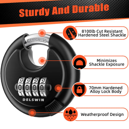 DELSWIN 4 Digit Combination Disc Padlock with Hardened Steel Shackle Combo Lock for Sheds, Storage Unit, School Gym Locker and Fence (Black,1Pcs)