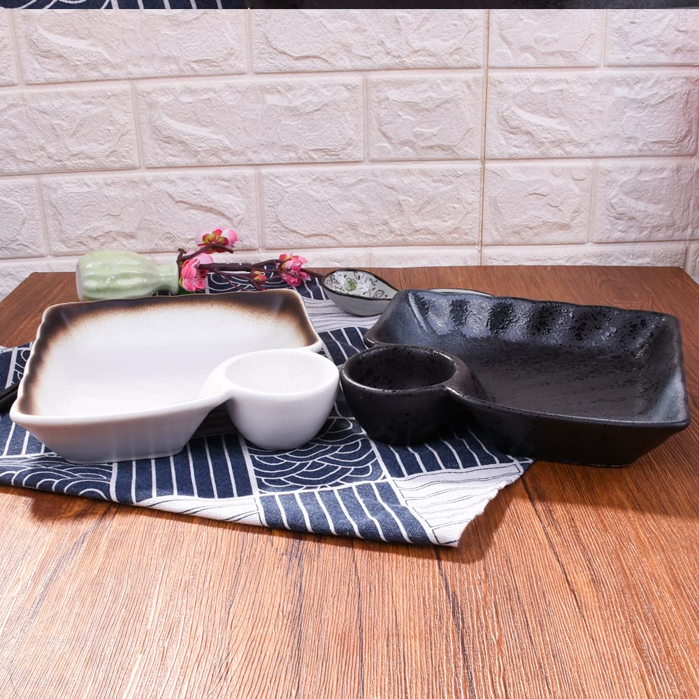 LMRLCS Ceramic Dumpling Plates Set of 2-7.4 Inch Divided Serving Trays with Sauce Compartment - Japanese Style Sushi Plates for Appetizers & Side Dishes, Microwave & Dishwasher Safe, Black & White