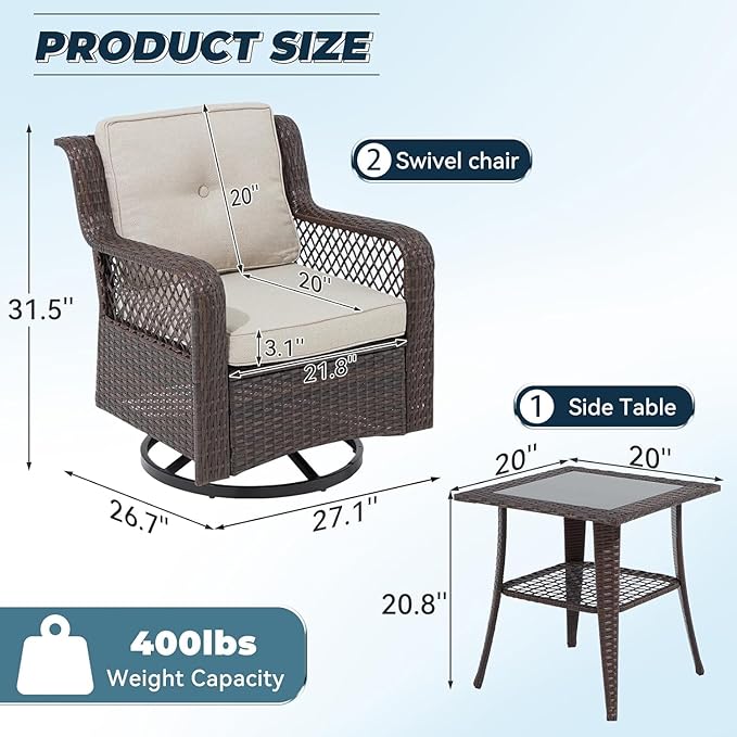 3 Pieces Patio Swivel Chairs, Wicker Patio Conversation Sets