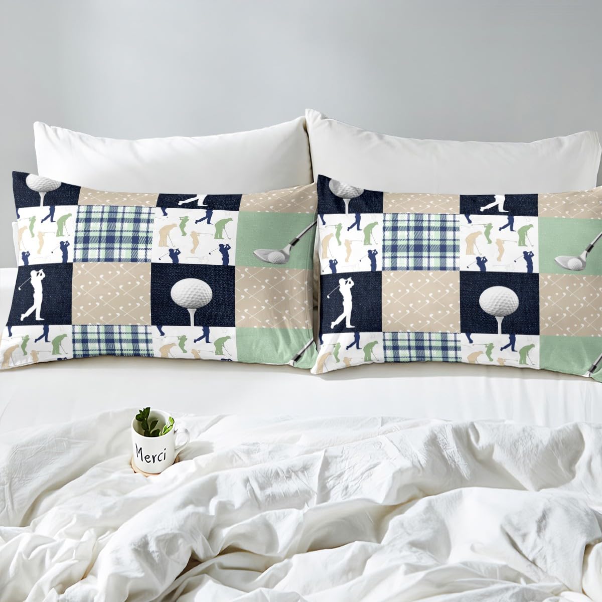 Castle Fairy Golf Plaid Bed Sheet Set King Size,Ball Sports Lover Style Deep Pocket Fitted Sheet,1 Flat,2 Pillowcases,Green Buffalo Grid Geometric Bed Mattress Cover, Bedroom Decor