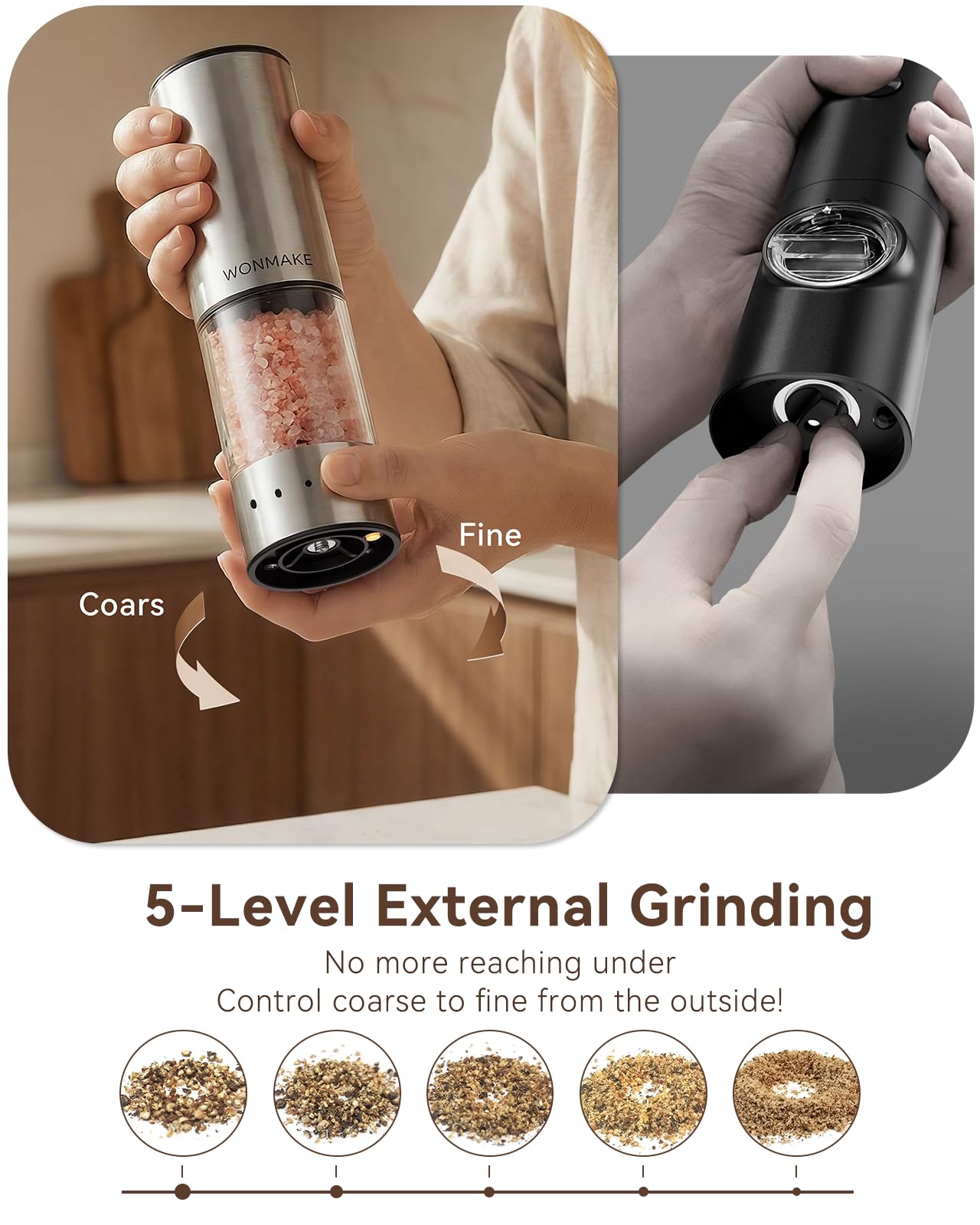 Electric Salt and Pepper Grinder Set, Stainless Steel Salt and Pepper Shakers with Storage Base, Type-C Rechargeable with Power Display, 5 External Coarseness Levels for Easy One-Hand Operation