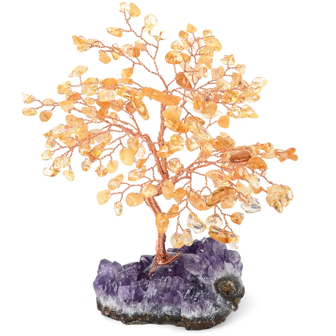 MASGEMES Natural Citrine Crystal Tree with Amethyst Geode Base,Crystal Ornaments Feng Shui Bonsai Money Tree,Chakra Balancing Positive Energy Figurings Decor 5.5"-6.3"