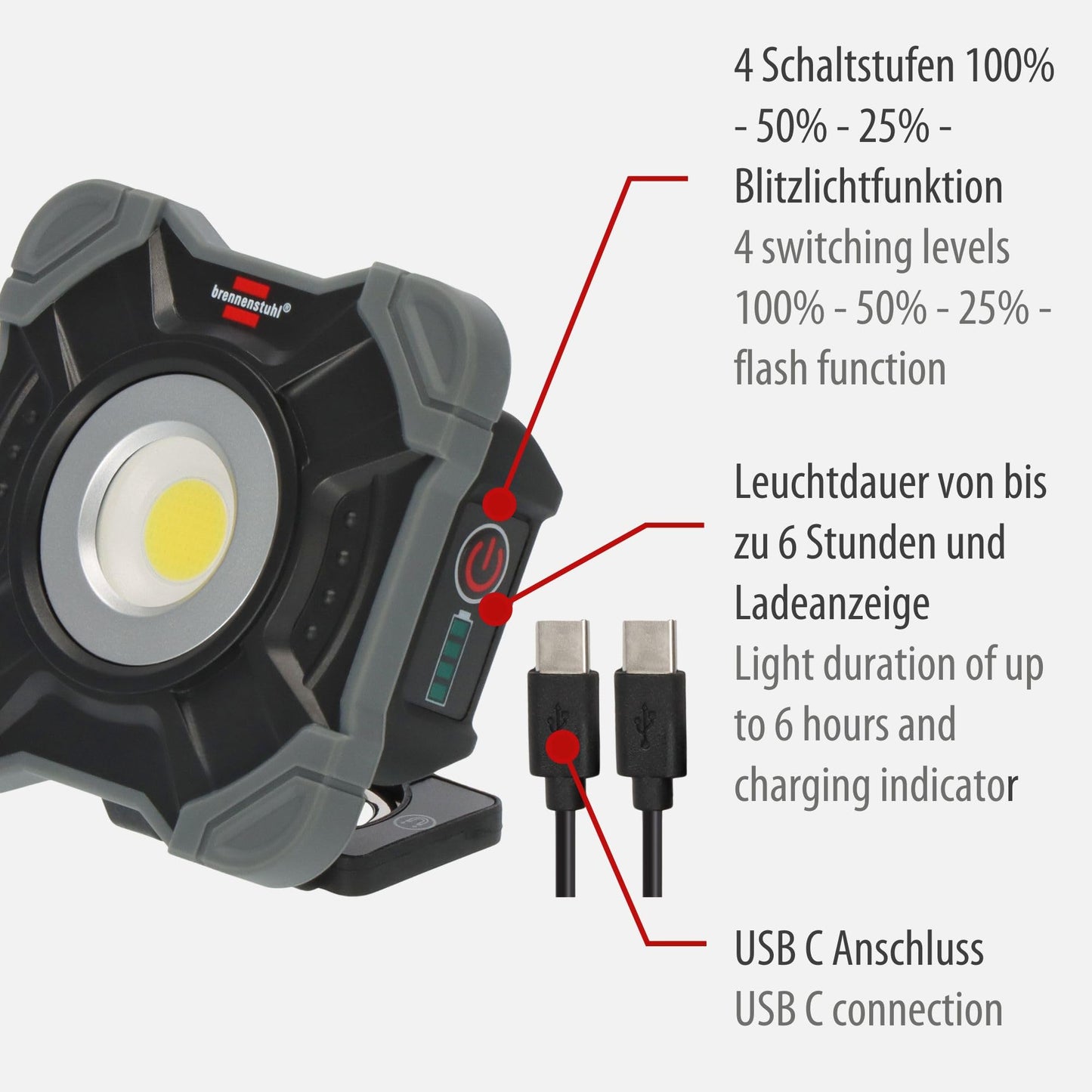 Brennenstuhl Rechargeable LED Work Light SH 1000 MAC (1000lm, IP54, Rechargeable LED Camping Light with Magnet and snap Ring, Robust housing)
