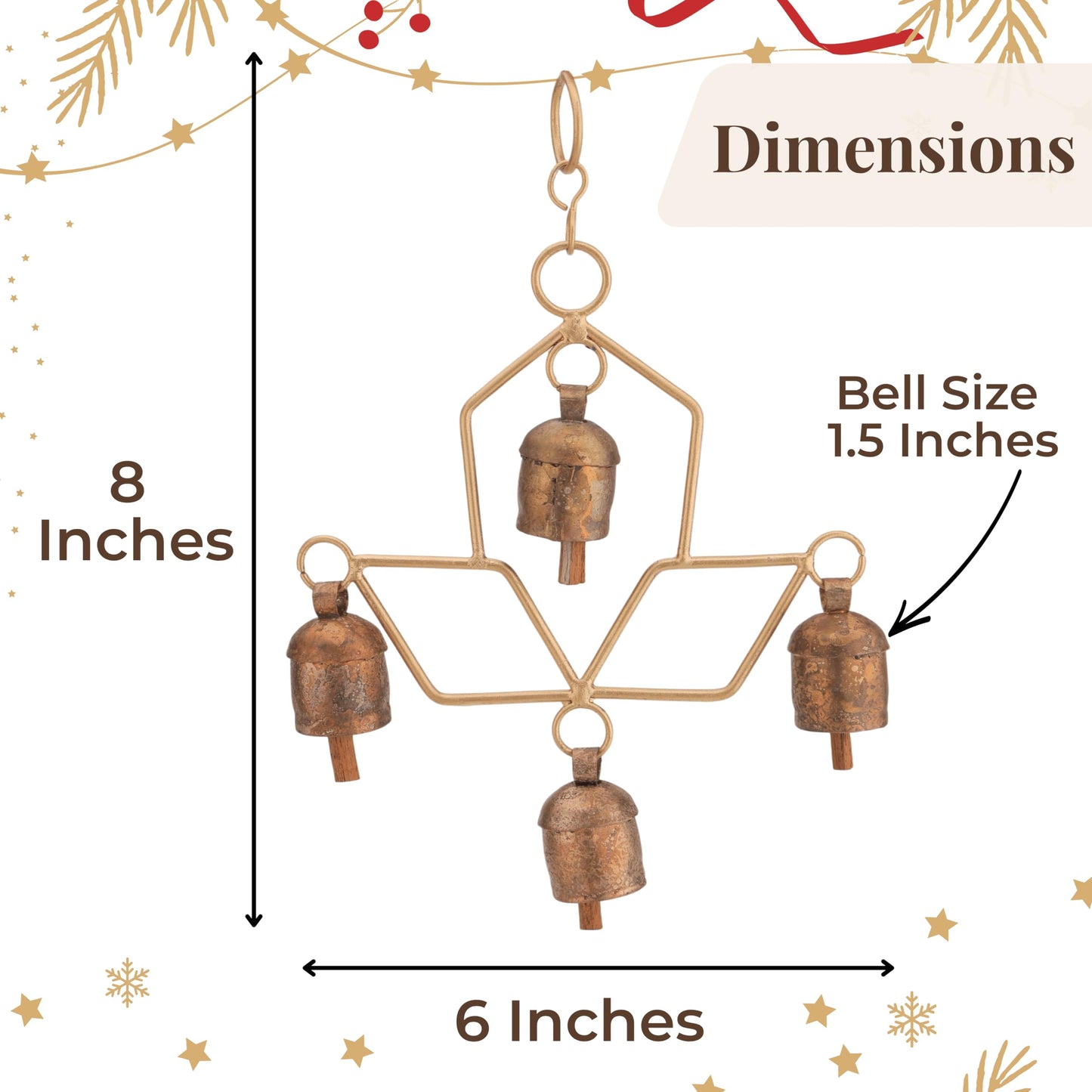 Handmade Wind Chime Bell – Rustic Hanging 4 Bell for Porch, Garden, Balcony, Christmas Decor – Farmhouse Jingle Bells, Witch Bells, Lucky Cow Bells, Boho Ornament Indoor Outdoor - 8 x 4 Inch