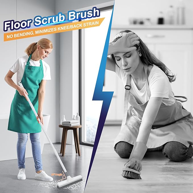 Floor Scrub Brush with 60 inch Long Handle, 2 in 1 Heavy Duty Stiff Bristle