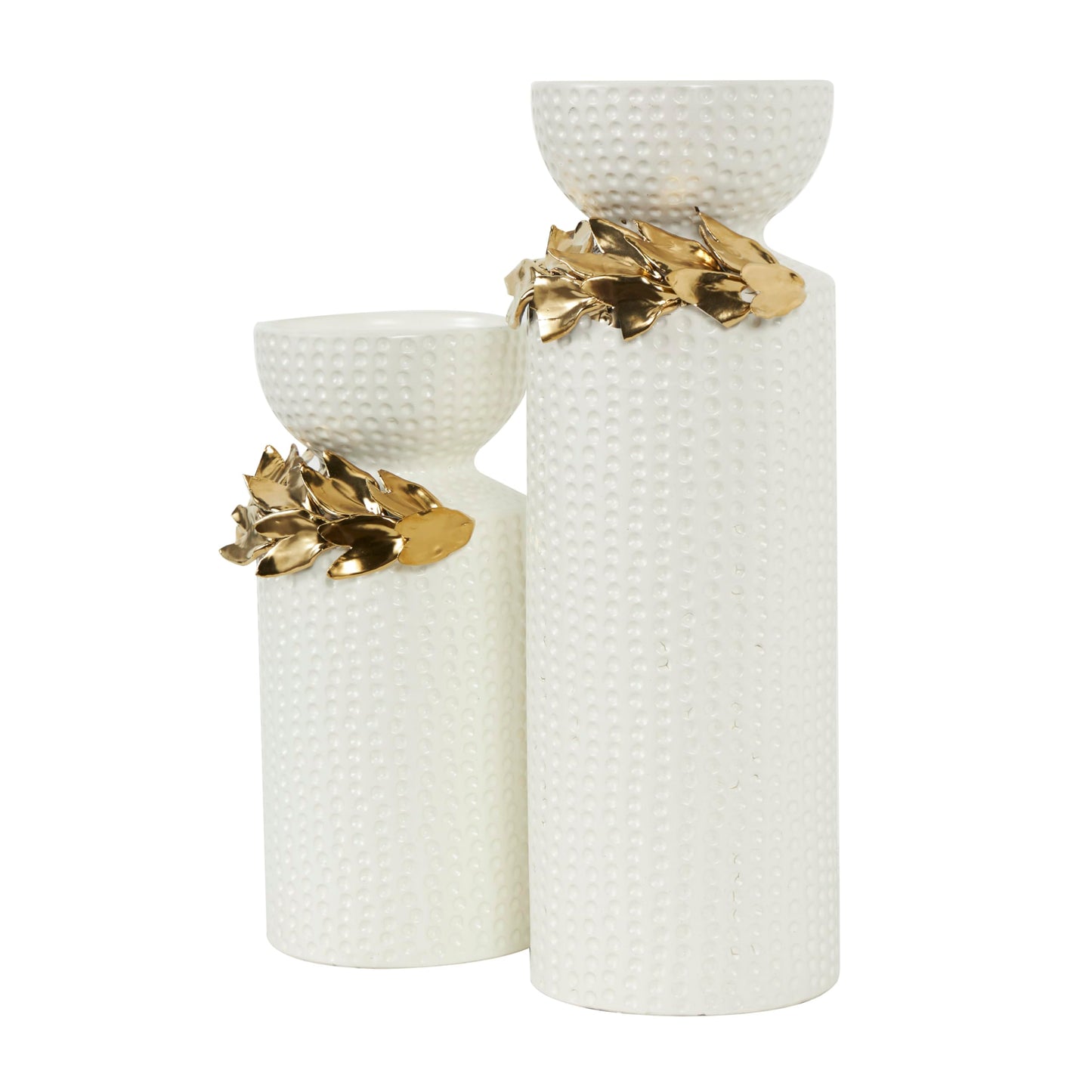 Deco 79 Ceramic Decorative Candle Holder Candle Stand with Abstract Spotted Pattern and Gold Leaf Accents, Set of 2 Candlestick Holder 12", 9" H, White