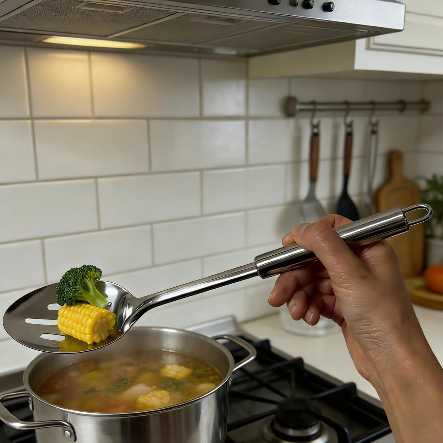 4 Pack Stainless Steel Cooking Spoon Set,Kitchen Large Cooking Spoons with Round Handle,Polished Metal Slotted Spoon &Serving Spoon, Heat Resistant Basting Spoons for Cooking,Mixing and Serving Food