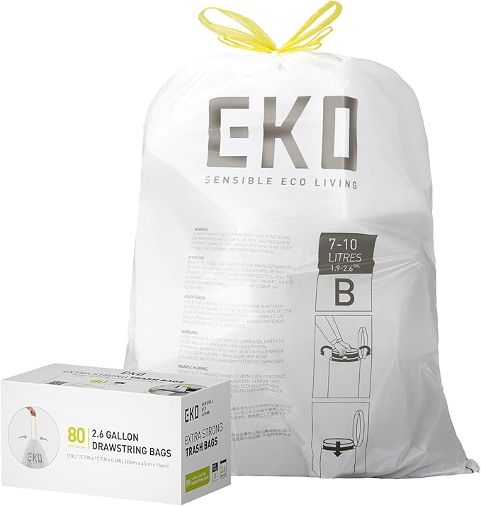 EKO 2.6 Gallon / 7-10 Liter, Extra-Strong Unscented Garbage Bags, Easy-Dispense