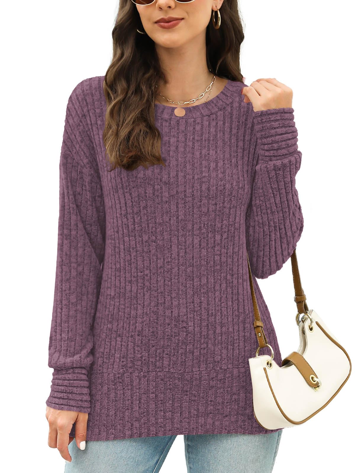 JomeDesign Sweaters for Women Long Sleeve Shirts Crew Neck Sweatshirt Lightweight Casual Tunic Tops